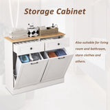 Vabches Trash Cabinet Double Trash Can, Dog Proof Tilt Out Trash Bin Holder, Hideaway Free Standing Recycling Cabinet with 2 Drawers for Kitchen Living Room White Vabches