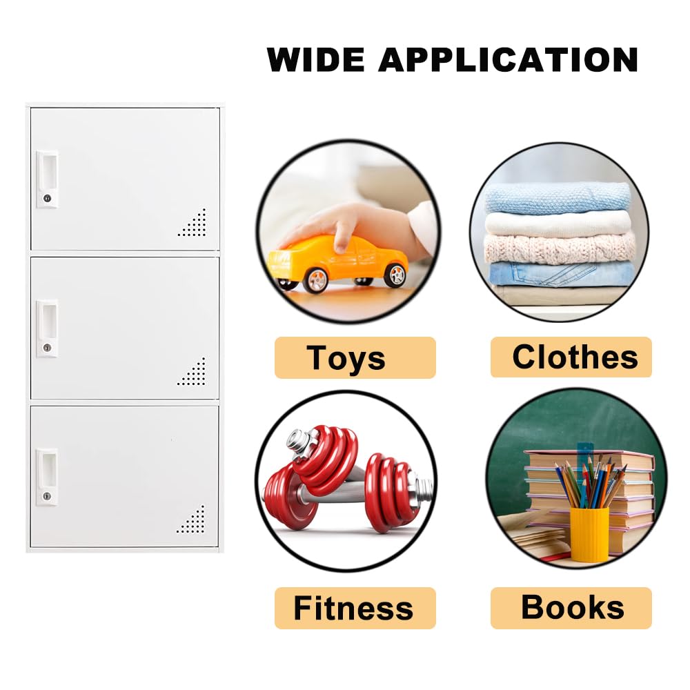 iCHENGGD 3 Door Metal Locker Steel Storage Cabinet, Office Storage Lockers for Employees, Vertical Metal Cabinets for Home,Office,School,Room Storage Organizer (White) iCHENGGD