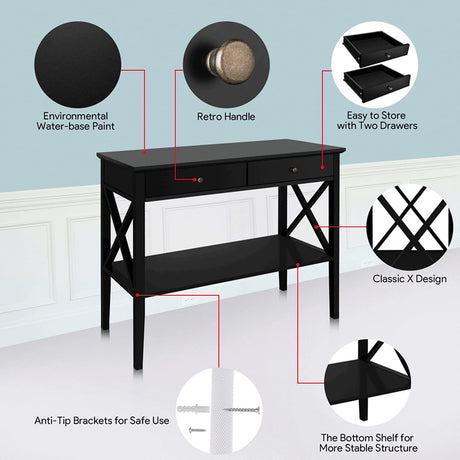 ChooChoo Console Table with Drawers, Narrow Wood Accent Sofa Table Entryway Table with Storage Shelf for Entryway, Front Hall, Hallway, Living Room, Black ChooChoo