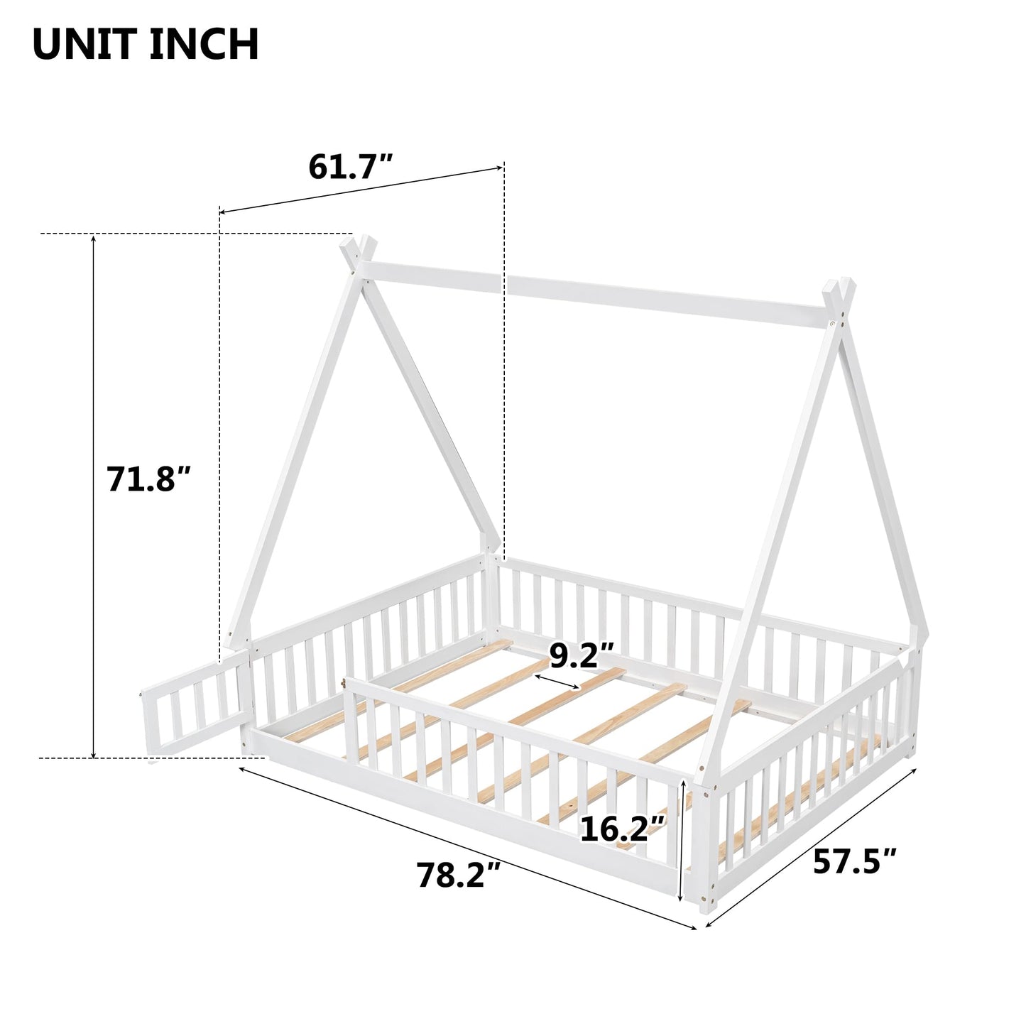 Full Size Teepee Tent Floor Bed with Guardrails & Door for Kids - White Wood Montessori Frame - WoodArtSupply