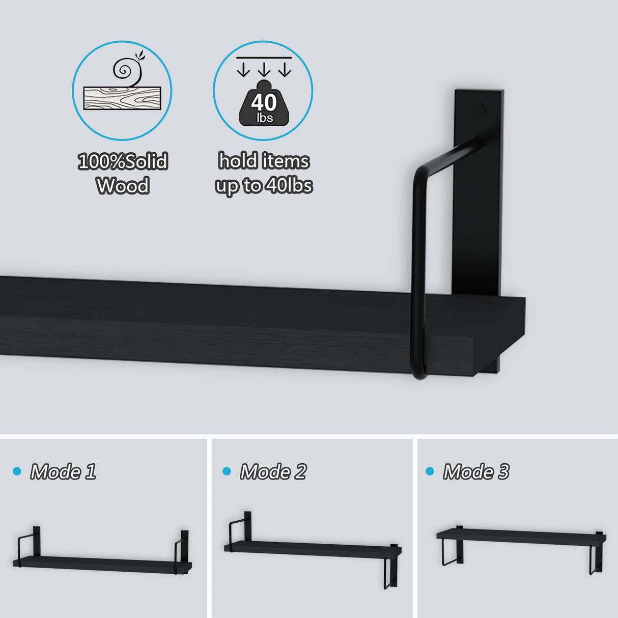 EALLRINEC Floating Shelves - 24 Inch Wall Mounted Set of 3, Rustic Wood Storage Shelves for Living Room (Black) EALLRINEC