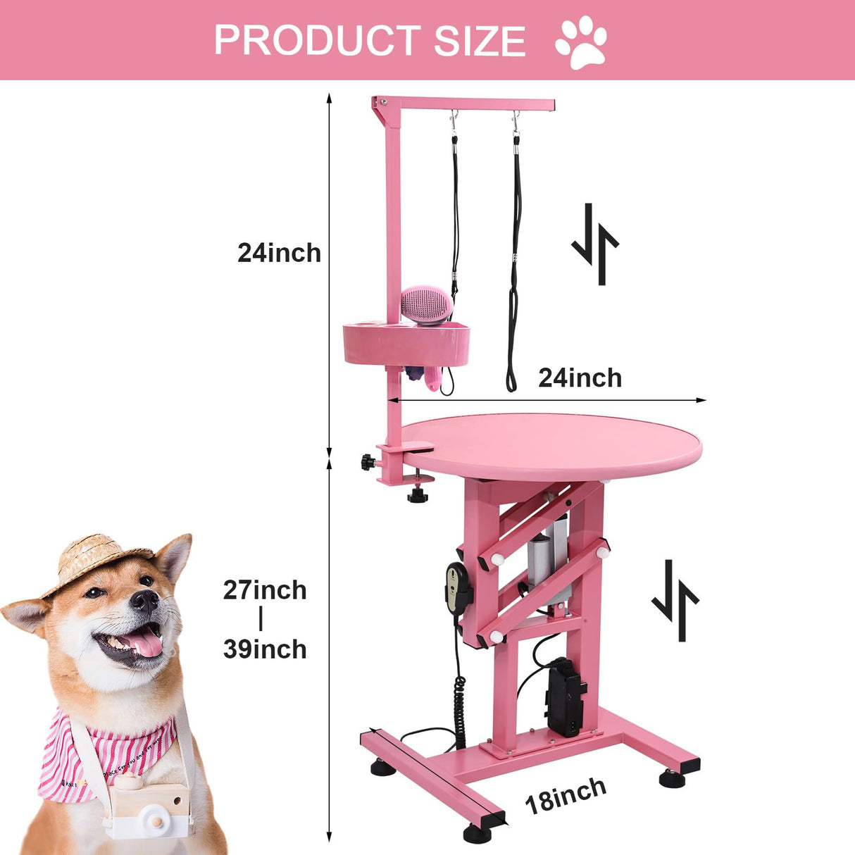 CIRONBOW 24" Electric Dog Grooming Table, Adjustable Fast Lifting Heavy Duty Dog Grooming Table for Small Dogs with Anti Skid Tabletop, Grooming Set, Remote,Tool Organizer and Arms,Pink CIRONBOW