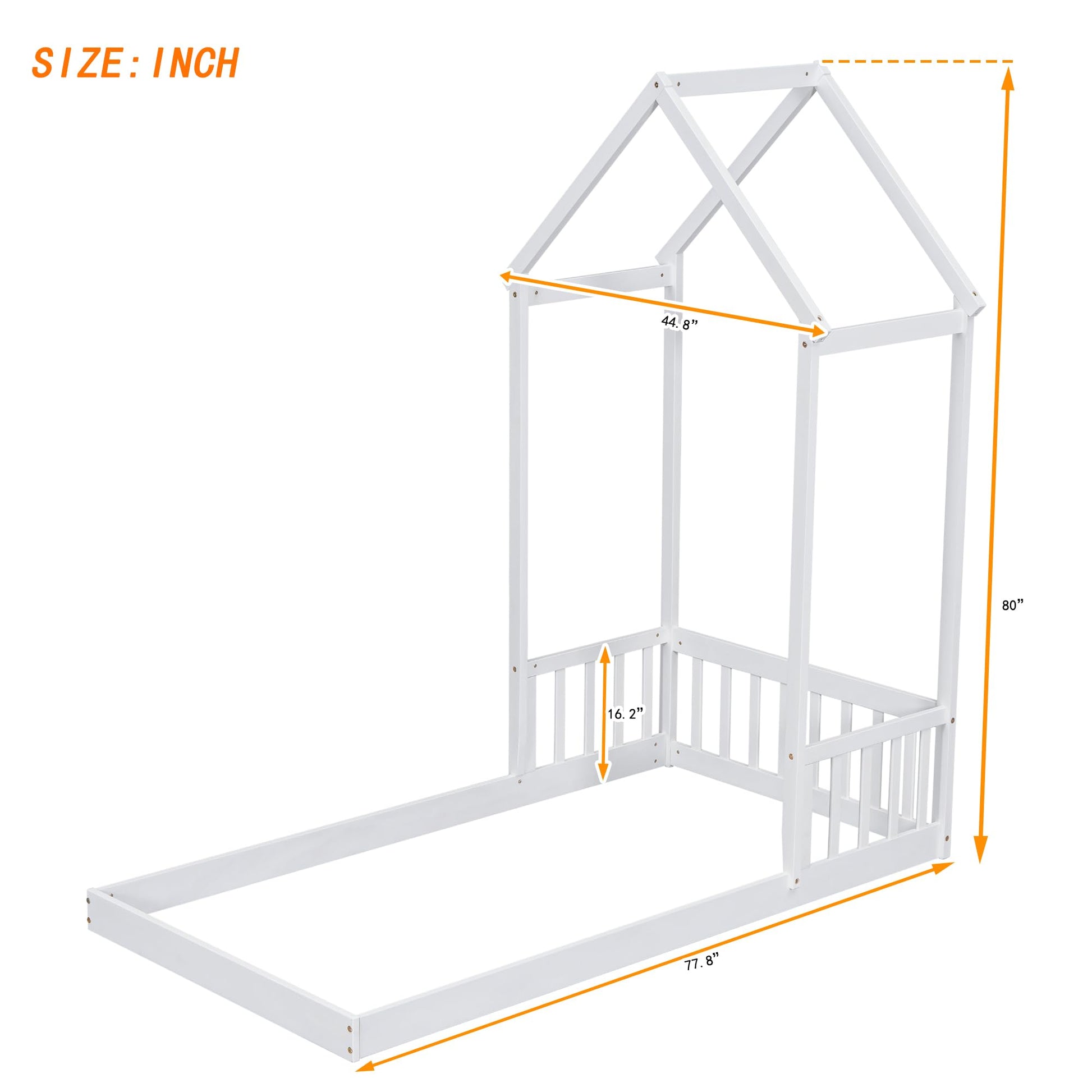 Montessori Twin Size Floor Bed with House-Shaped Roof and Guardrails in White by ROCKINGRUN - WoodArtSupply