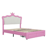 Crown Full Size Princess Bed with Storage Drawers for Girls,Cute Full Size Bed Frame for Kids,Full Upholstered Bed Frame with LED Lights,Girls Bed Full Size,Pink Bellemave
