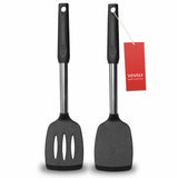 2 Pack Spatulas, Solid & Slotted Silicone Spatula Set, Stainless Steel Handle Coated with Silicone, Non Stick Turners, Heat Resistant Rubber Spatulas for Fish, Eggs, Pancakes, WOK, Black Vovoly