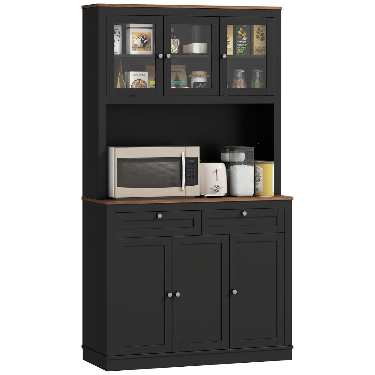 HOMCOM 71" Tall Pantry Cabinet with Microwave Stand, Freestanding Kitchen Hutch with 2 Drawers, Bar Cabinet with Adjustable Shelves, Glass and Recessed Doors for Kitchen, Dining Room, Black HOMCOM