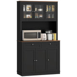 HOMCOM 71" Tall Pantry Cabinet with Microwave Stand, Freestanding Kitchen Hutch with 2 Drawers, Bar Cabinet with Adjustable Shelves, Glass and Recessed Doors for Kitchen, Dining Room, Black HOMCOM