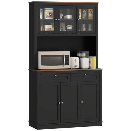 HOMCOM 71" Tall Pantry Cabinet with Microwave Stand, Freestanding Kitchen Hutch with 2 Drawers, Bar Cabinet with Adjustable Shelves, Glass and Recessed Doors for Kitchen, Dining Room, Black HOMCOM