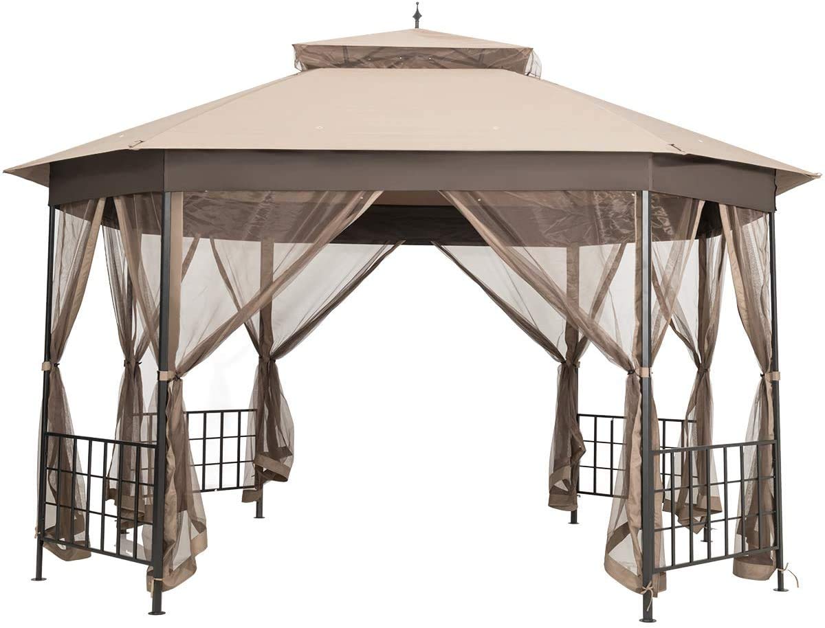 Moccha 10 x 12 Ft Heavy Duty Octagonal Canopy Tent Patio Gazebo with Netting Sidewalls and Sturdy Steel Frame, Double Roof Vented Gazebo Canopy Shelter for Party, BBQ, Backyard, Event, Family, Brown LDAILY