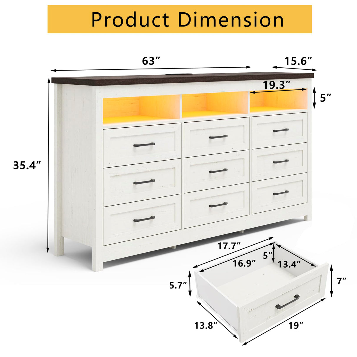 Hlivelood Farmhouse 9 Drawer Dresser with LED Lights, 63" Wide Large Chest of Drawers for Bedroom, Modern Wood Dresser Storage Organizer with Charging Station for Living Room, Bedroom, Rustic White Hlivelood