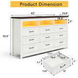 Hlivelood Farmhouse 9 Drawer Dresser with LED Lights, 63" Wide Large Chest of Drawers for Bedroom, Modern Wood Dresser Storage Organizer with Charging Station for Living Room, Bedroom, Rustic White Hlivelood
