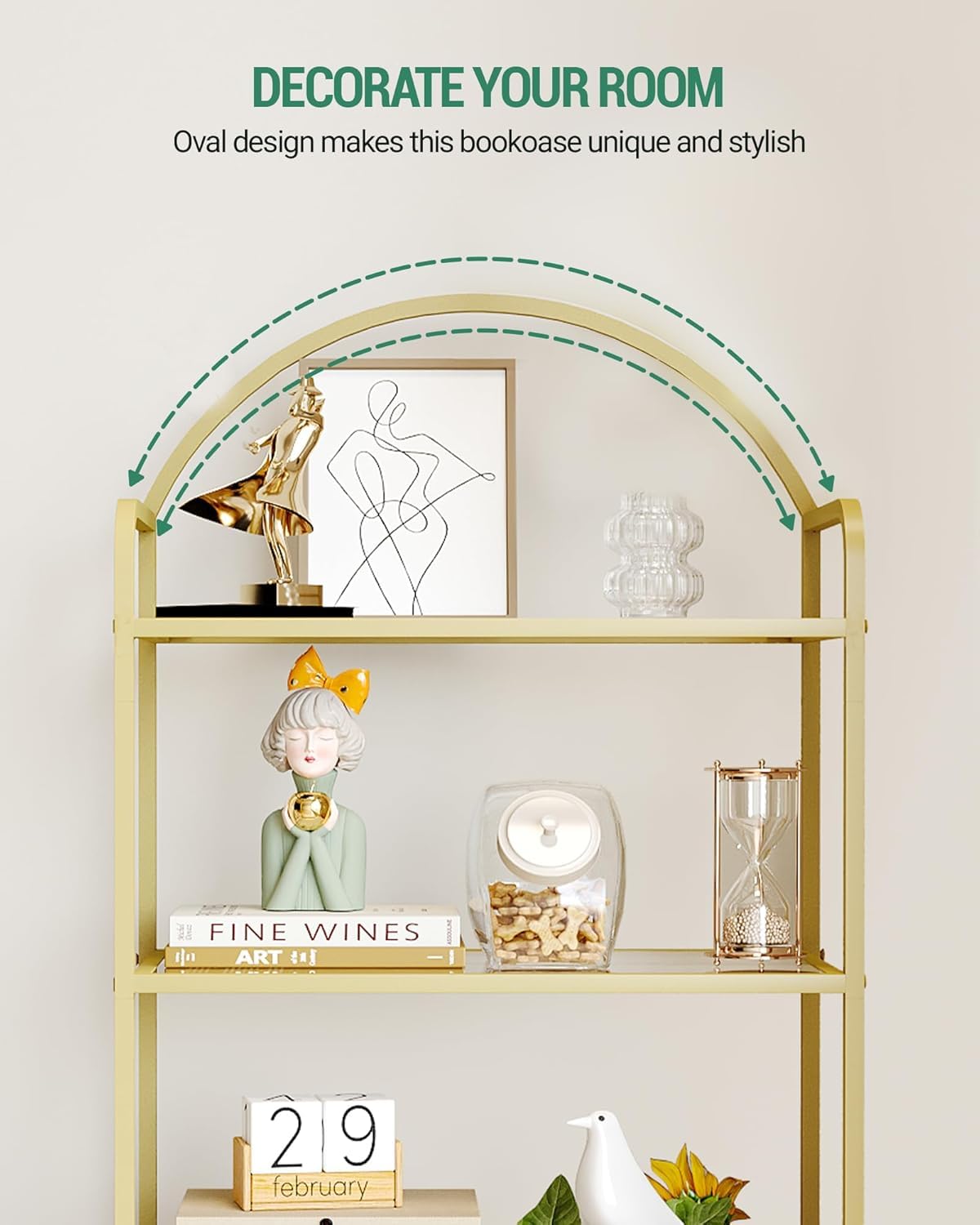 Hzuaneri Bookcase Bookshelf, Tempered Glass Bookshelves, Slim Shelving Unit for Bedroom, Bathroom, Home Office, Steel Frame, 4 Tier Gold BC21499G Hzuaneri