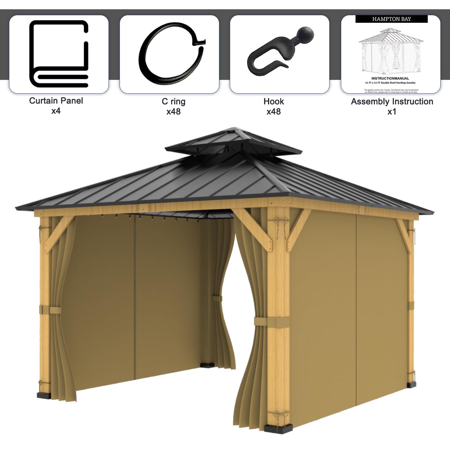 10-ft x 10-ft Gazebo Curtains,Privacy Replacement Sidewall 4-Panel Universal Shade Curtains Set,Protecting Side Walls (Only Curtain)-Khaki