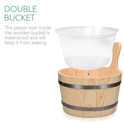 Navaris Wooden Sauna Bucket with Ladle - Essential Spa Accessory for Steam Room with 1.3 Gallon Pine Wood Bucket, Plastic Liner, Ladle, Sand Timer