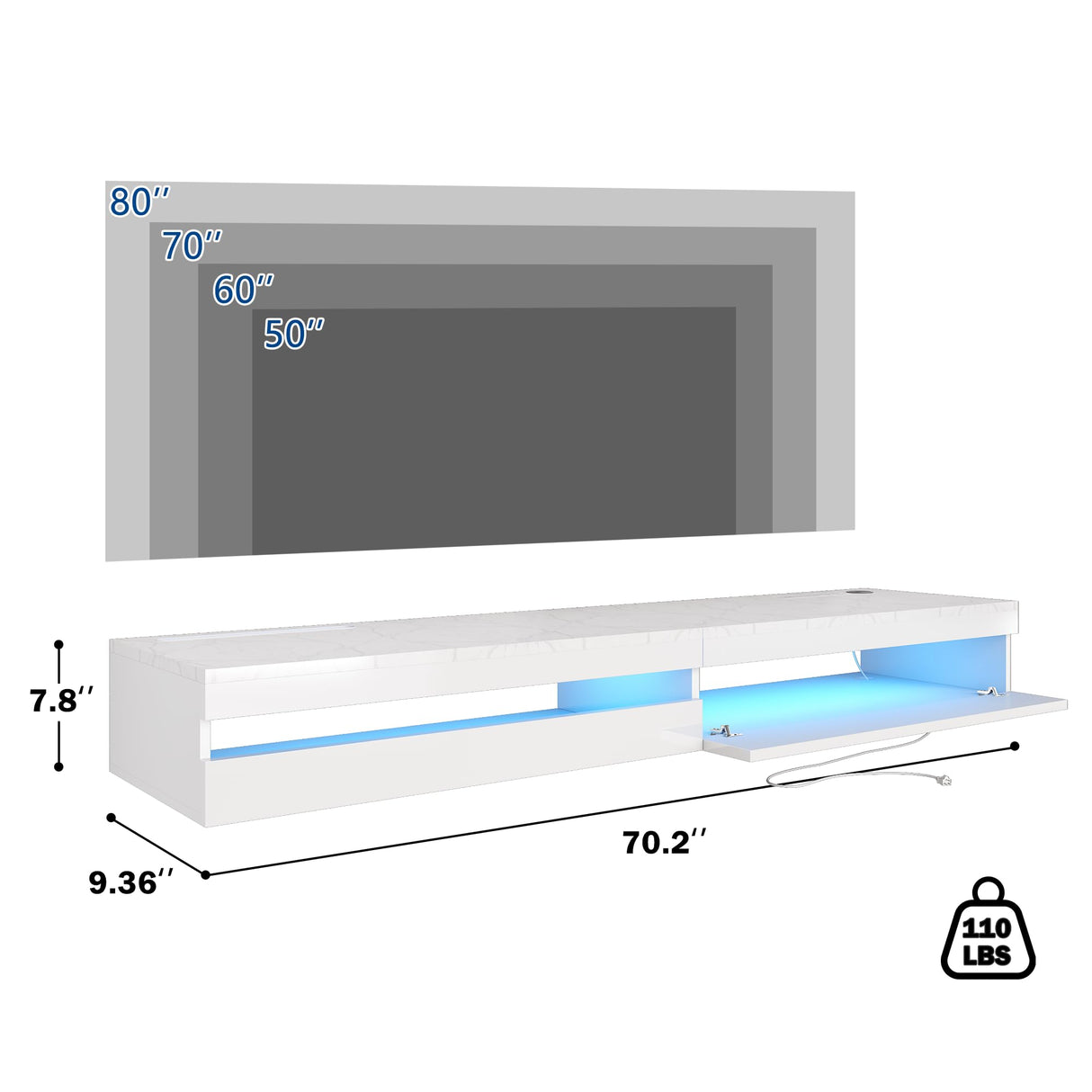 EXQUAL Floating TV Stand - 71'' Floating Entertainment Center with LED Light & Charging Station, Floating TV Shelf with Storage for Living Room, Gaming Room, Media Console for 75 INCH TVs EXQUAL