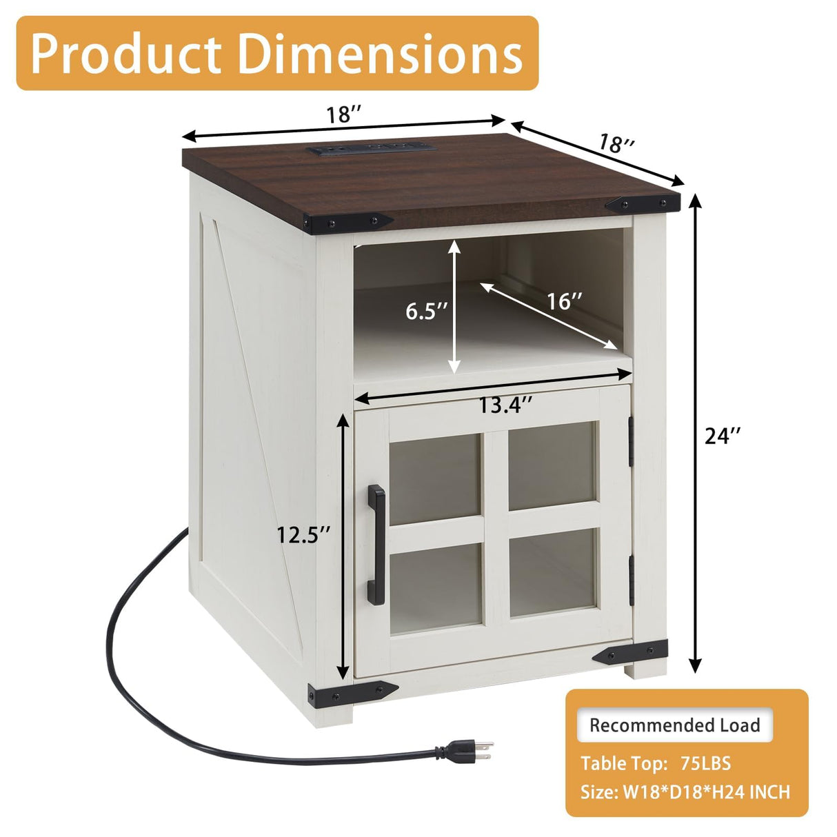 Barnyatoh Farmhouse Nightstand with Charging Station, Rustic End Table with Tempered Glass Barn Door, Wood Sofa Side Bedside Table with Open Storage Shelf for Living Room, Bedroom, White Barnyatoh