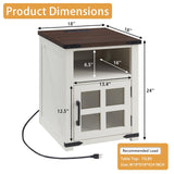 Barnyatoh Farmhouse Nightstand with Charging Station, Rustic End Table with Tempered Glass Barn Door, Wood Sofa Side Bedside Table with Open Storage Shelf for Living Room, Bedroom, White Barnyatoh