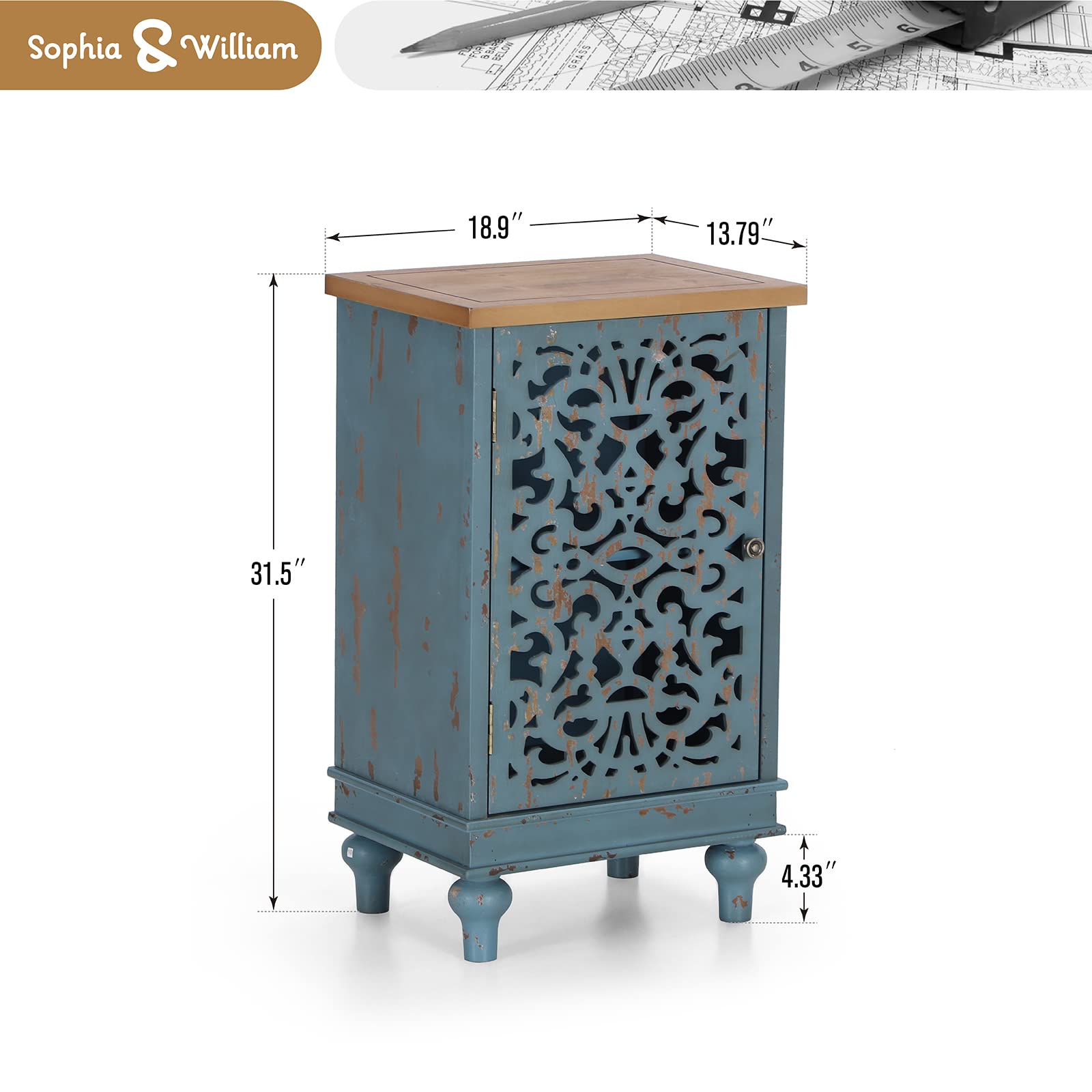 Sophia & William Accent Cabinet Small with Single Door, 31.5" Tall Side End Table, Distressed Nightstand with Wooden Frame and Hollow Carved Door, Blue, 1-Door - WoodArtSupply