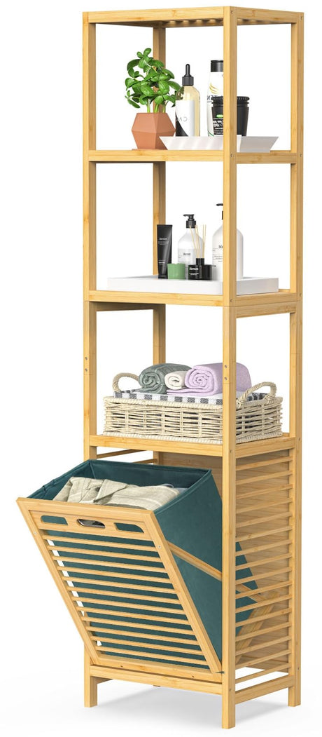 BAMBOOHOMIE Bamboo Tilt Out Laundry Hamper, 4-Tier Tilt Out Hamper for Laundry with Shelf & Removable Clothes Basket - Can Convert to 2-Tier Pull-Out Hamper & 2 Tier Freestanding Shelf, Green BAMBOOHOMIE