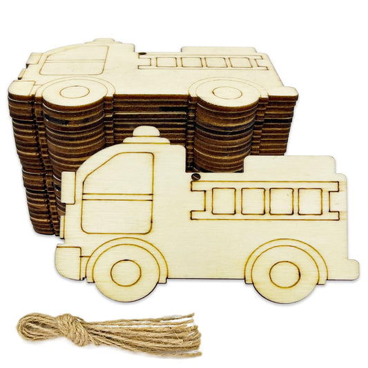 30pcs Unfinished Fire Truck Wood DIY Crafts Cutouts Wooden Fire Truck Shaped Hanging Ornaments with Hole Hemp Ropes Gift Tags - WoodArtSupply