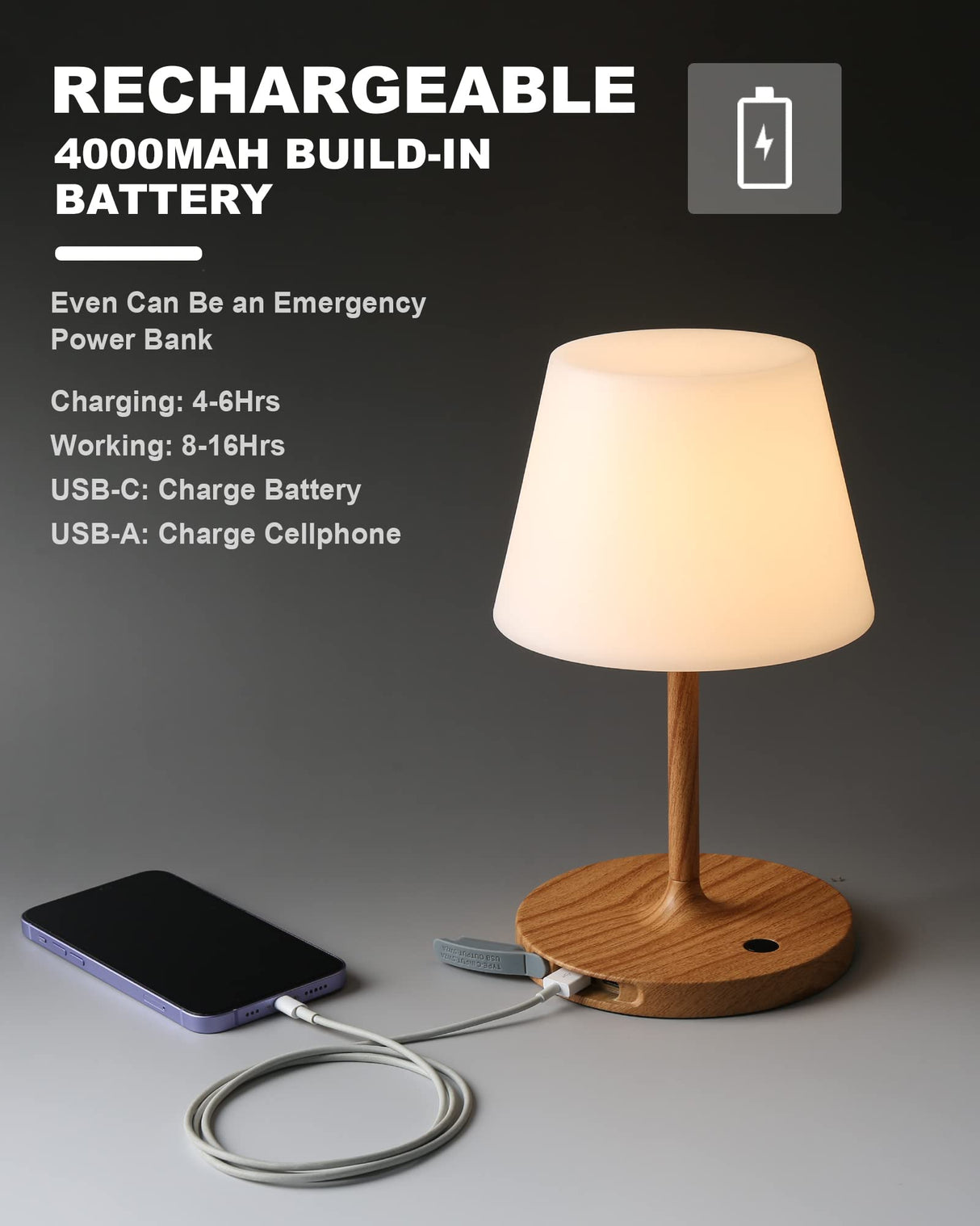 WEILAILUX Outdoor Battery Operated Table Lamp Waterproof, 4000mAh Cordless Rechargeable, Touch Dimmable Desk Lamp, LED Night Light for Patio Camping Restaurant Home, H9.6in, Wood Grain WEILAILUX