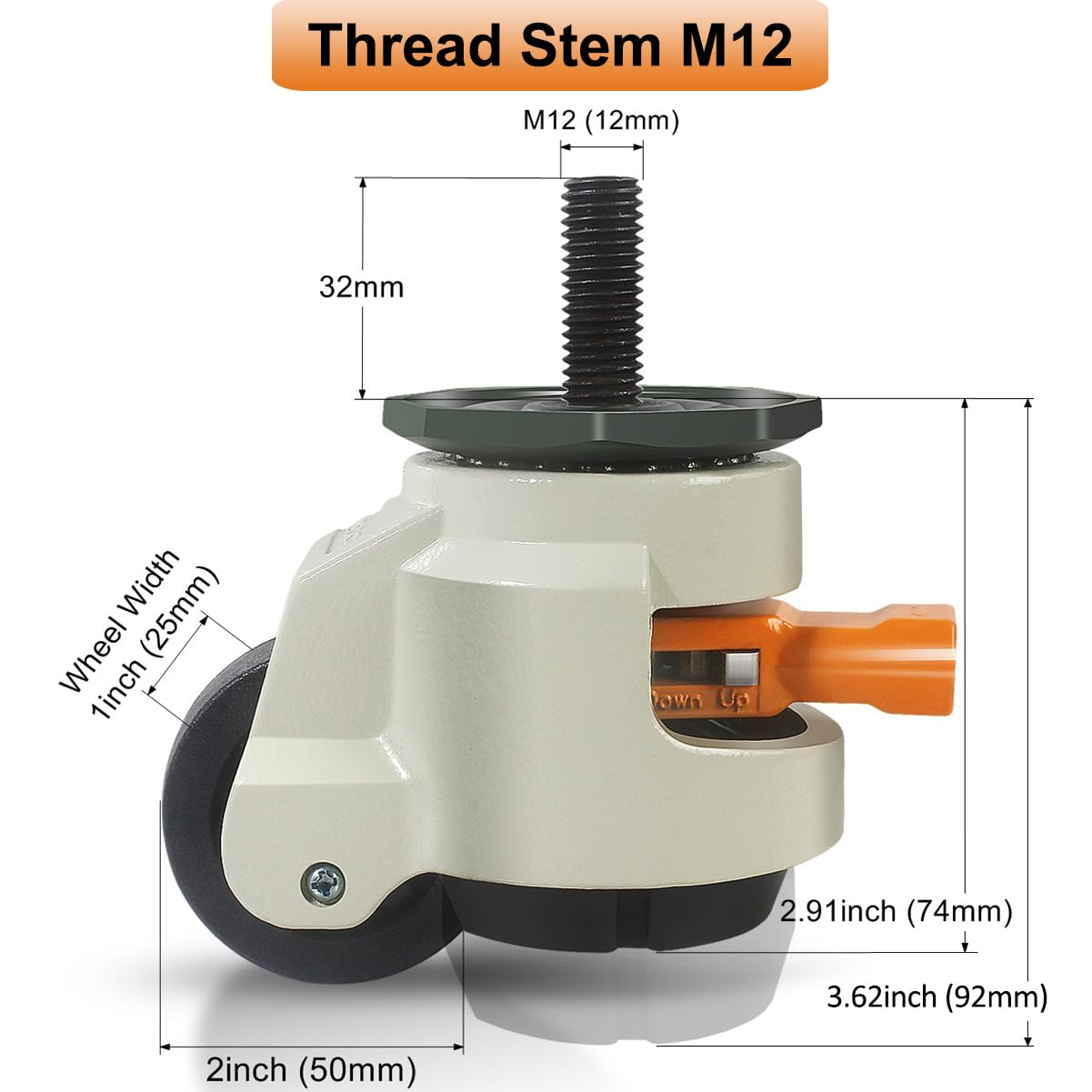 Leveling Stem Casters, M12 Thread Casters Set of 4 Heavy Duty with Leveling feet, 2200 LBS Retractable Caster Wheels with Upgraded Ratchet Arm, Adjustable Height Casters for Workbench, Machine Wieyunn