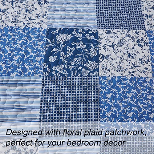 Mybedsoul Blue Boho Quilt Set Queen Size,3 Pieces Plaid Floral Bedspread Coverlet Set for All Season,Patchwork Reversible Bedding Set Queen 90"x96" Mybedsoul