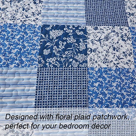 Mybedsoul Blue Boho Quilt Set Queen Size,3 Pieces Plaid Floral Bedspread Coverlet Set for All Season,Patchwork Reversible Bedding Set Queen 90"x96" Mybedsoul