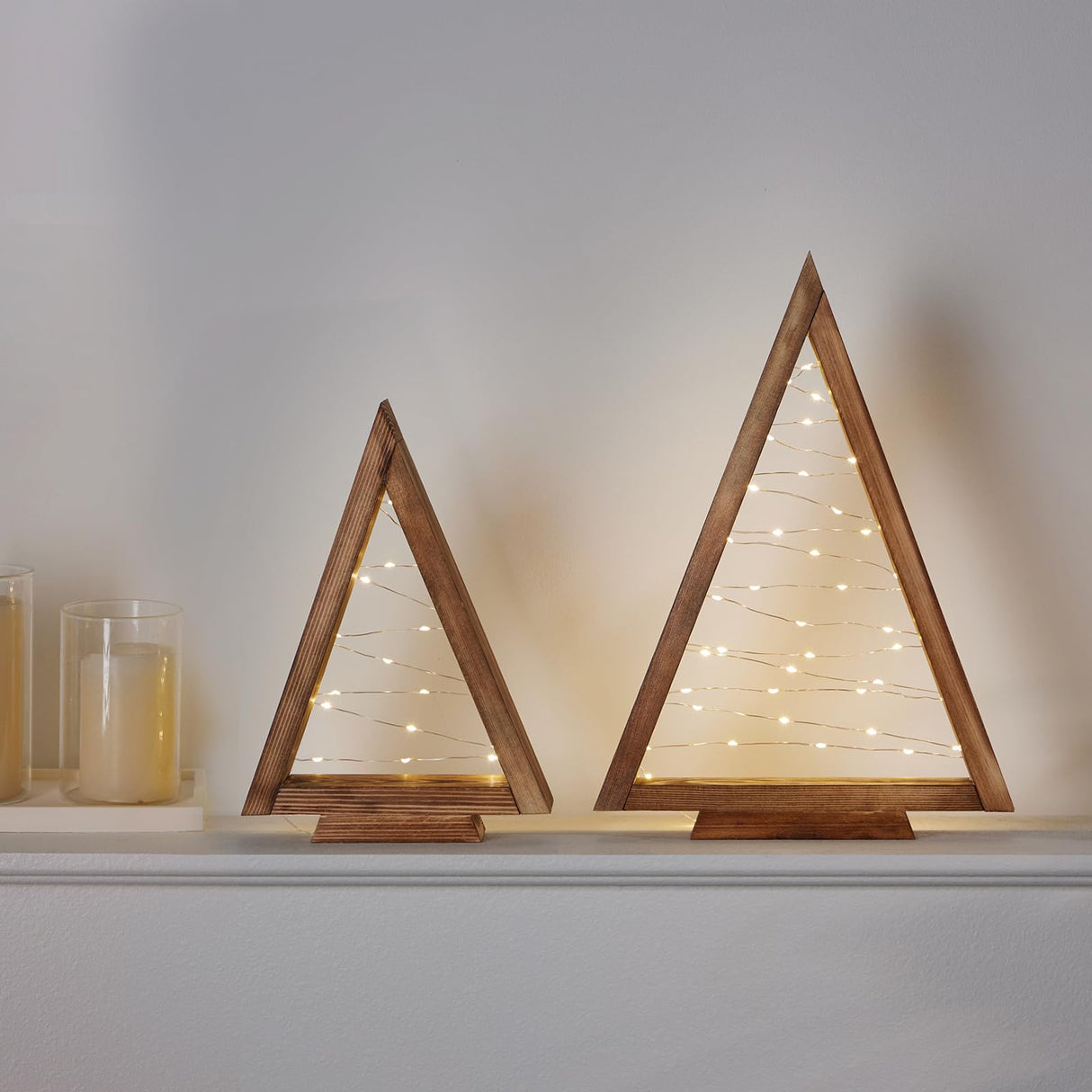 Mokof 2 Pack Wood Tabletop Christmas Trees with Lights, Christmas Decorations Indoor, Modern Farmhouse Christmas Decor Small Trees for Table, Mantle, Shelf (13.4" and 10" Tall) Mokof