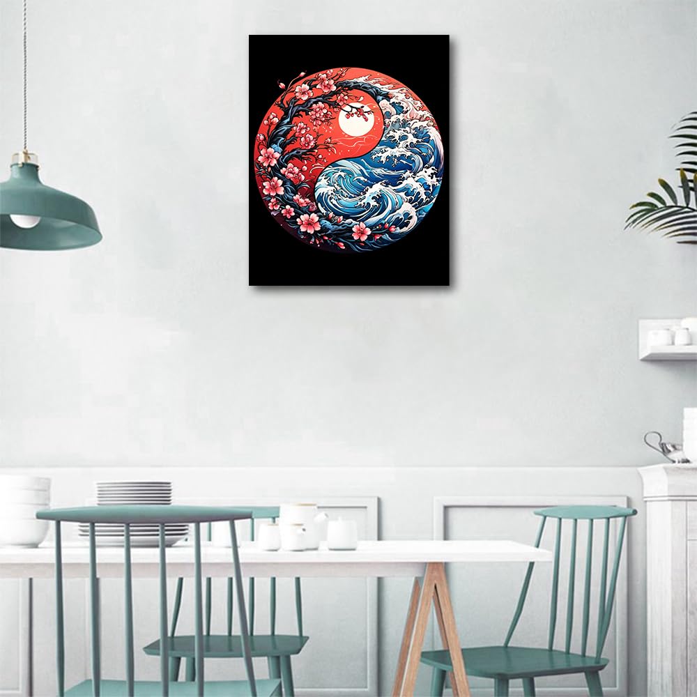 Yin and Yang Paint by Numbers Kit for Adults, Yin-Yang Waves and Cherry Blossoms DIY Paint by Numbers, Oriental Zen Art Paint by Numbers Kit for Adults Canvas Acrylic Painting 16x20 Inch Frameless Rebotipy
