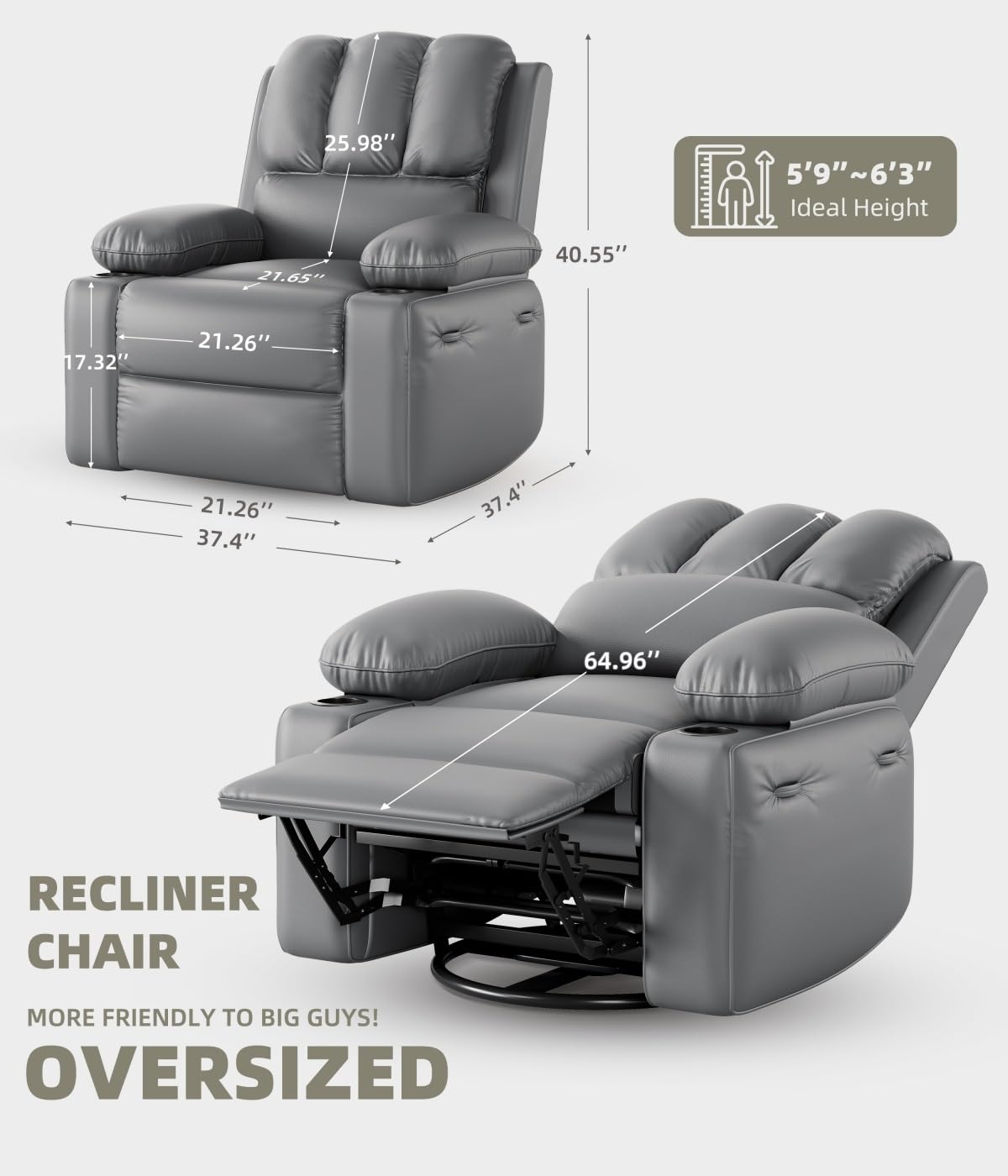 Oversized Recliner Chairs with Heat and Massage - 360° Swivel Lazy Recliner Chair for Adults- Manual Recliner Chair with Cup Holder for Living Rooms, Bedrooms and Nurseries - Grey Garveehome
