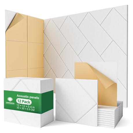 Topnaca 12 Pack Soundproof Wall Panels Self-Adhesive, 12" X 12" X 0.4" Sound proof panels for walls, High Density Acoustic Panels, Sound Absorbing Panel for Studio, Home, Offices(White) Topnaca