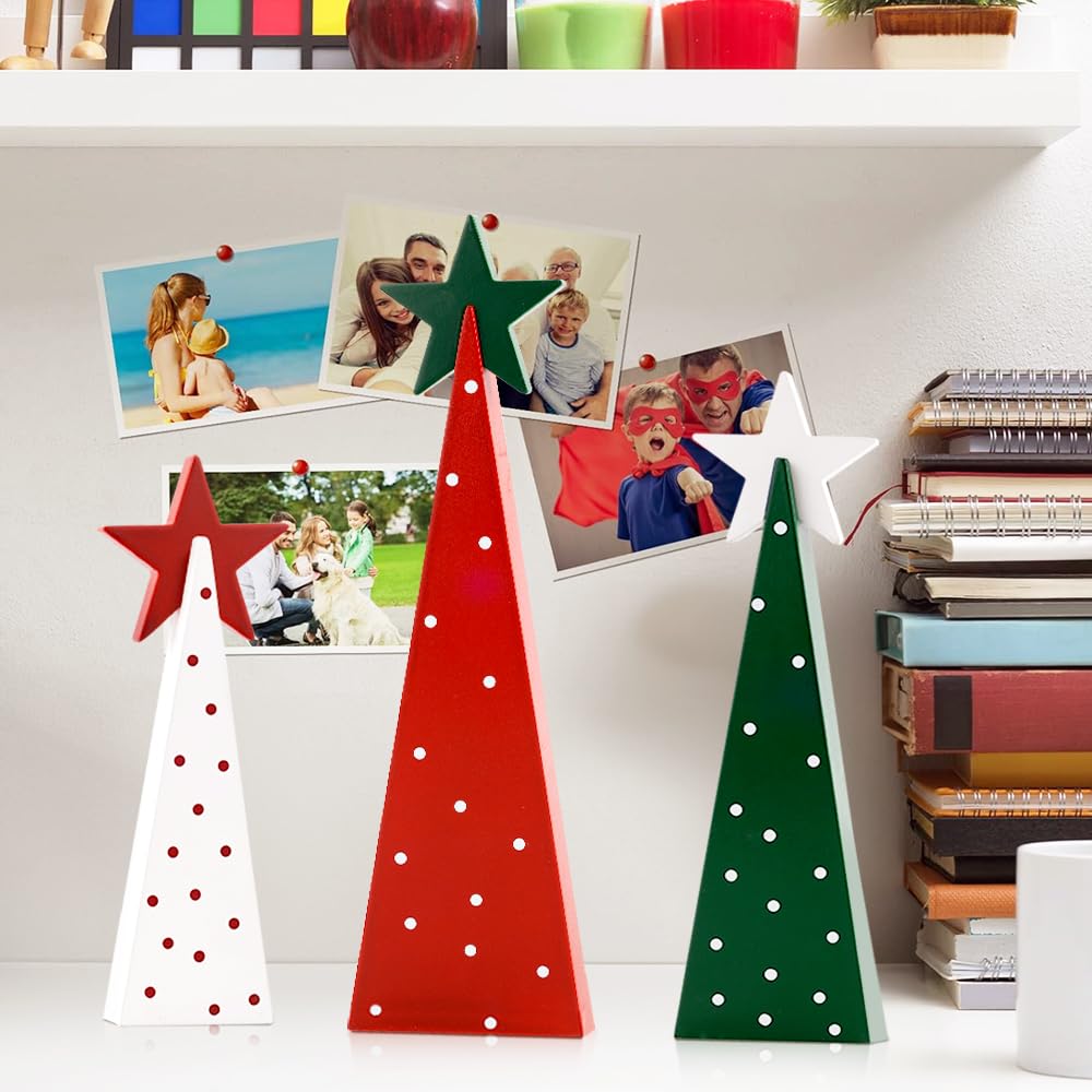 Christmas Decorations Indoor, Christmas Decor - 3 PCS Wooden Xmas Tree Signs with Stars for Home, Table, Fireplace Mantel, Shelf, Office Desk, Party Decor - Xmas Holiday Decorations AKEROCK
