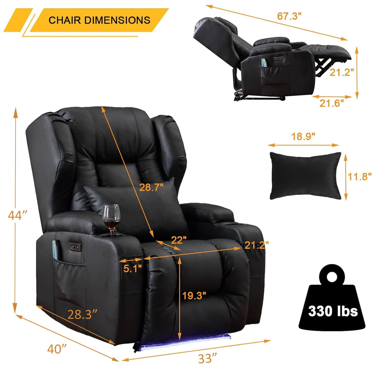 Oprisen Power Recliner Chair Set of 3 Overstuffed Home Theater Seating w/Heat Massage Electric Movie Gaming Sofa Reclining Sleeper Chair with LED Light/Lumbar Pillow/USB Port/Cup Holders Oprisen