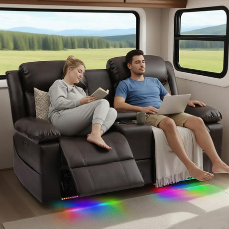 LURVIA 70" Power Recliner Loveseat for RV, Living Room Home Theater,Built-in LED Lighting with Multiple Modes,Wall Hugger, Oversized Leather Loveseat Couch for Camper, Trailer, Apartment,150° Recline LURVIA