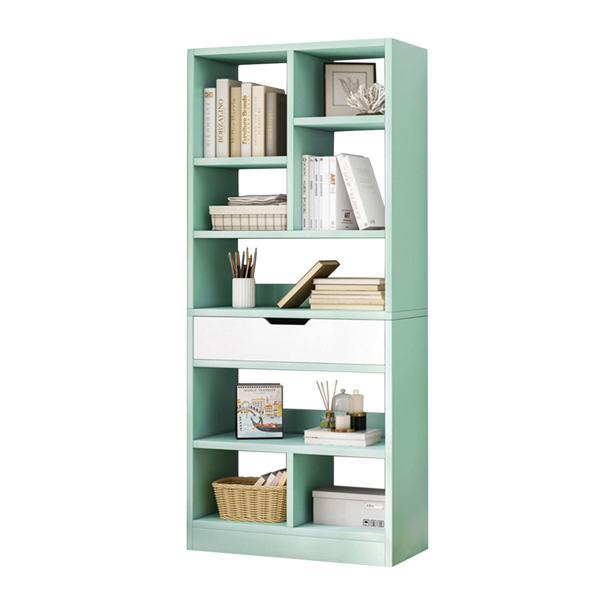 IOTXY Wooden Open Shelf Bookcase - 61 Inches Height Freestanding Display Storage Cabinet Organizer with 8 Cubes and a Drawer, Floor Standing Bookshelf in Tiffany-Green IOTXY