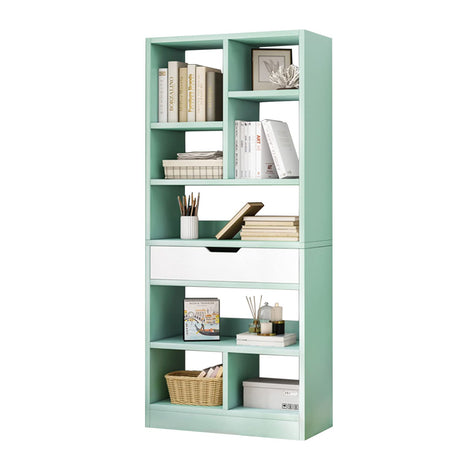 IOTXY Wooden Open Shelf Bookcase - 61 Inches Height Freestanding Display Storage Cabinet Organizer with 8 Cubes and a Drawer, Floor Standing Bookshelf in Tiffany-Green IOTXY