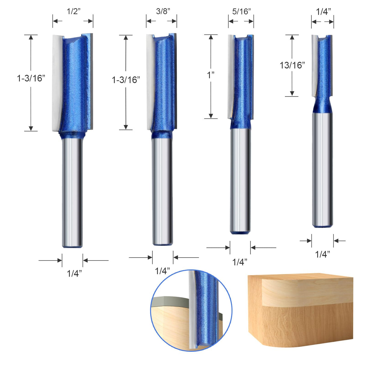 NIBBLAX Router Bit Set, Straight Router Bit 1/4" Shank, Flush Trim Cut Router Bit for Woodworking Cutting Diameter 1/4",5/16",3/8",1/2" NIBBLAX
