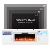 LEMBERI Fireplace tv Stand with 36 inch White Fireplace Up to 80" TVs,LED Light Entertainment Center and Storage, 70" Modern Wood Media TV Console with Highlight Cabinet for Living Room LEMBERI