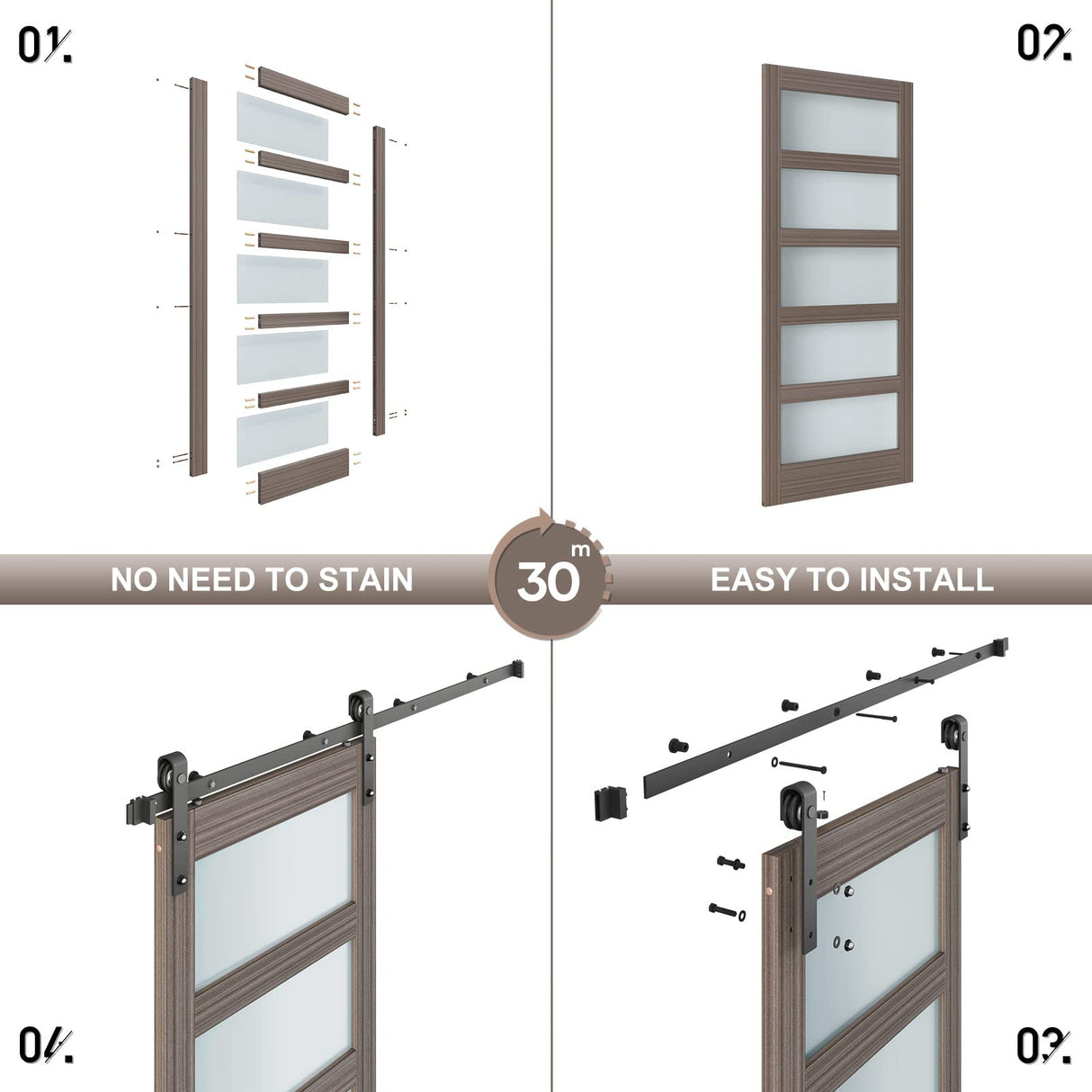 ROYMELO 30 x 84 Inch Glass Sliding Barn Door Slab and 5.5ft Hardware Kit Included, MDF Wood Panel Covered with Water-Proof Scratch-Resistant PVC Surface, Easy to Clean, Simple DIY Assembly ROYMELO