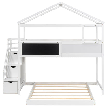 Harper & Bright Designs House Bunk Bed with Stairs,Twin Over Full Bunk Beds with Blackboard,Wood Kids Floor Bunk Bed Frame with Storage Shelves,Space-Saving Design, White