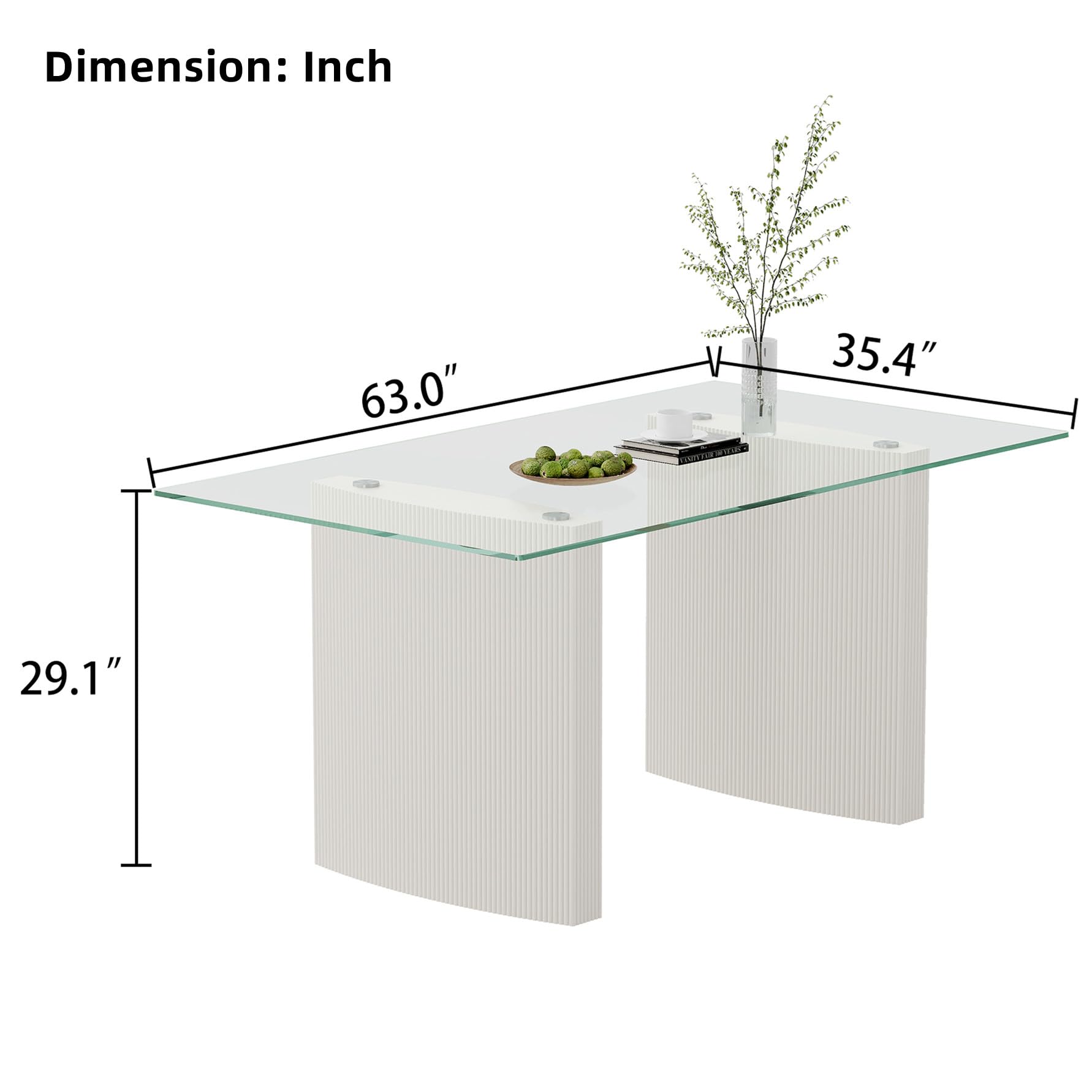 Modern 63" Glass Dining Table for 6 Rectangular Kitchen Table for 4-6 Luxury Elegant Tempered Glass Top Dinner Table with White Wooden Pillar Base for Kitchen Dining Room - WoodArtSupply