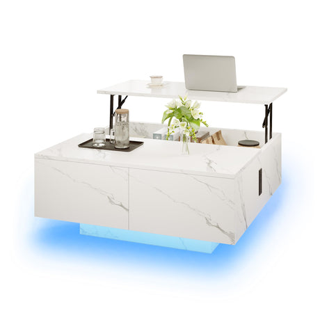 Square Lift Top Coffee Table, 31.5" Wooden Coffee Table with 2 Drawers & Hidden Storage, LED Lights & Charging Station, Mid Century Modern Center Table for Living Room Home Office (White) YKVIQBY