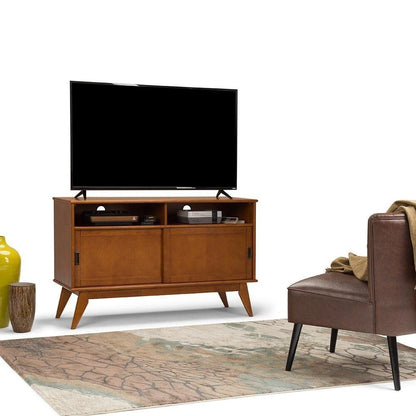 SIMPLIHOME Draper SOLID HARDWOOD 54 Inch Wide Mid Century Modern TV Media Stand in Teak Brown For TVs up to 60 Inches, For the Living Room and Entertainment Center