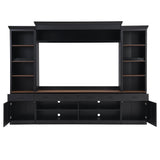 LUMISOL 4-Piece Farmhouse Entertainment Wall Unit Set for TVs up to 70", TV Stand with Bookshelves and 4 Drawers, Large Media Console with Wine Rack and Adjustable Shelves, for Living Room, Black LUMISOL