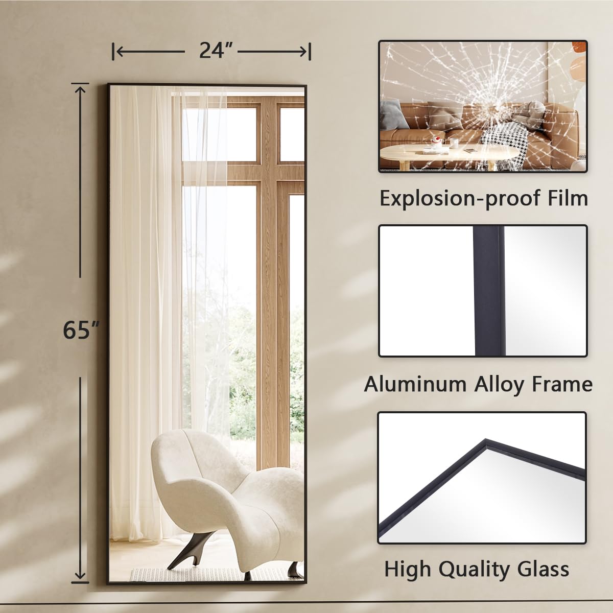 Koonmi Large Mirrors for Wall, 65"x24" Full Length Mirror with Stand, Full Body Mirror with Aluminum Alloy Frame, Hanging or Leaning Against Wall, Floor Standing Mirror for Bedroom Living Room, Black Koonmi