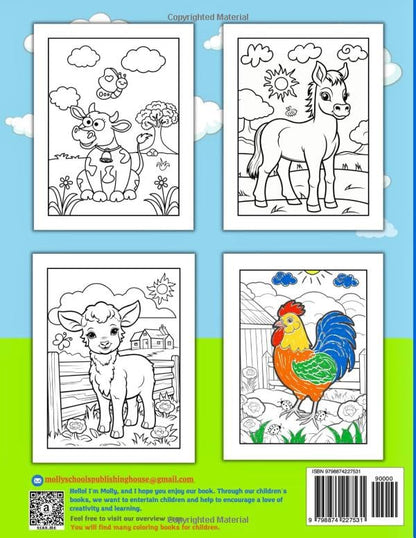 Farm Animals Coloring Book For Kids: 50 Beautiful Coloring Pages with Cute Farm Animals for Kids Ages 4-8