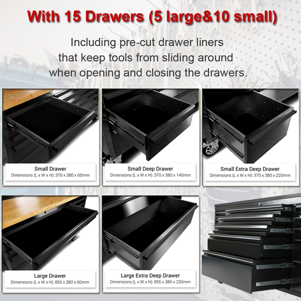 UYRIE 72-Inch Stainless Steel Rolling Tool Chest with 15 Drawers + 3 Upper Cabinets, Mobile Workbench, Assembled Large Tool Box Lockable Storage Cabinet with Wheels for Garage Workshop, Matte Black UYRIE