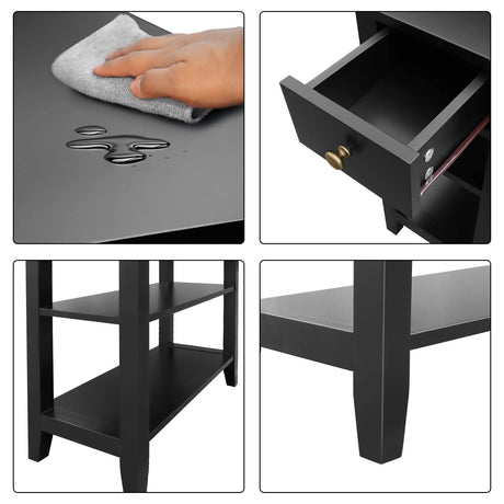 ChooChoo Side Table Living Room, Narrow End Table with Drawer and Shelf, 3-Tier Sofa End Table for Small Space, Black ChooChoo