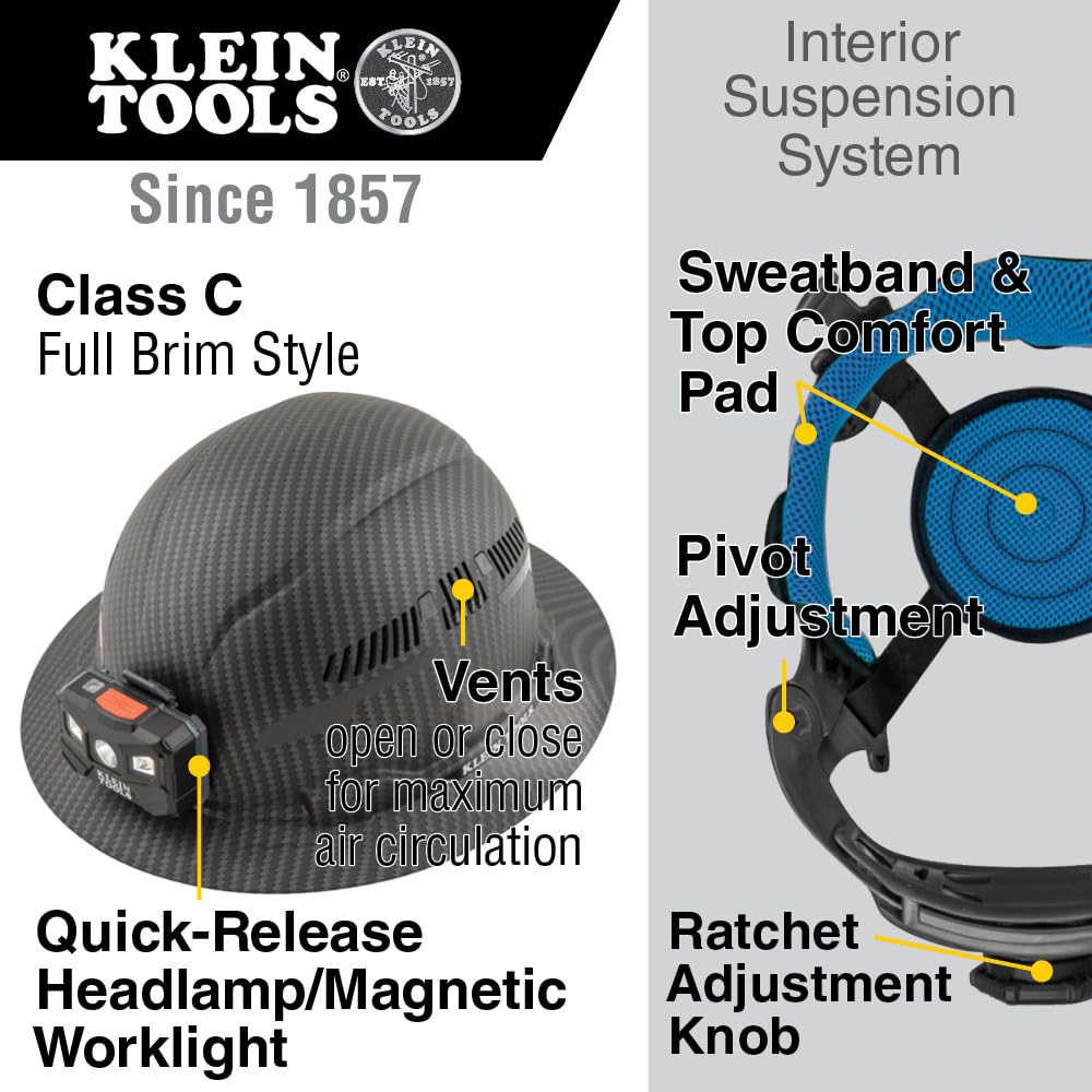 Klein Tools 60347 Hard Hat, Vented Full Brim, Class C, Premium KARBN Pattern, Rechargeable Lamp, Padded Sweat-Wicking Sweatband, Top Pad Klein Tools